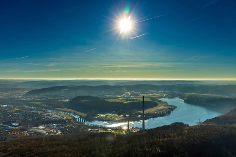 Aerial view, landscape panorama, Harkortsee, river Ruhr, view to Hagen-Vorhalle, Herdecke, Ruhr