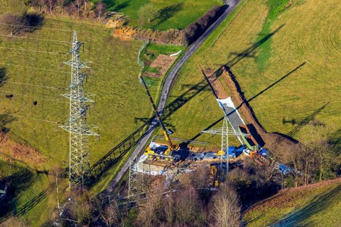 Aerial view, construction site In der Erdbrügge, new high-voltage pylons, In der Erdbrügge,