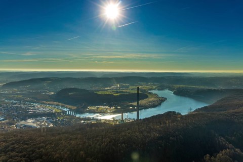 Aerial view, landscape panorama, Harkortsee, river Ruhr, view to Hagen-Vorhalle, Herdecke, Ruhr
