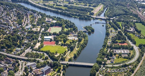 Aerial view, Ruhr river, Stiftsmühle dam, Stiftsmühle power station, Ruhr bridge Herdecke,
