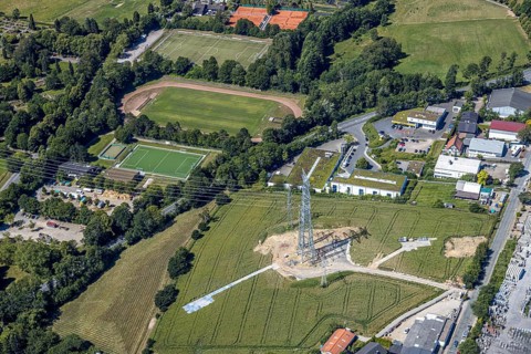 Aerial view, commercial area Gahlenfeld, construction site, power line, sports facility
