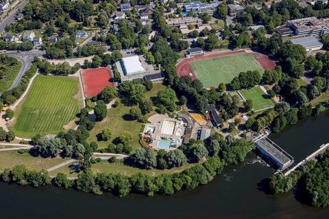 Aerial view, sports and leisure centre Bleichstein, outdoor swimming pool Herdecke, Herdecke, Ruhr