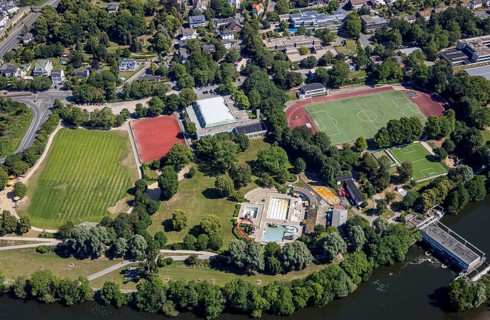 Aerial view, sports and leisure centre Bleichstein, outdoor swimming pool Herdecke, Herdecke, Ruhr