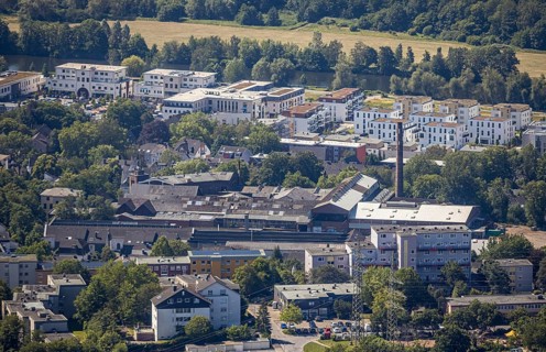 Aerial view, Idealspaten Bredt GmbH plant, new development area, residential area