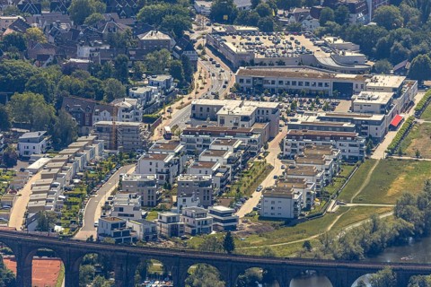 Aerial view, Quartier Ruhr-Aue Center, Ruhrpromenade, Herdecke, Ruhr area, North Rhine-Westphalia,