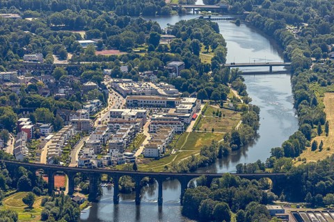 Aerial view, Quartier Ruhr-Aue Center, Ruhr promenade, Ruhr river, Ruhr viaduct Herdecke, Ruhr