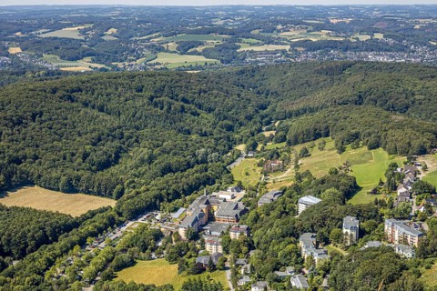 Aerial view, forest area with distant view, Community Hospital Herdecke, Waldorfkindergarten