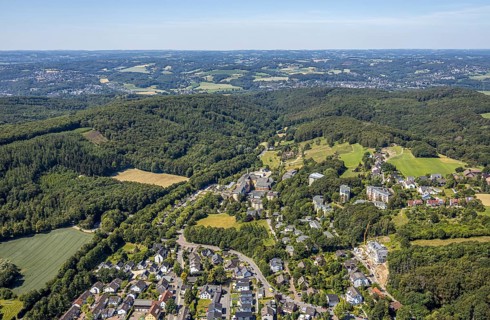 Aerial view, forest area with distant view, Community Hospital Herdecke, Waldorfkindergarten
