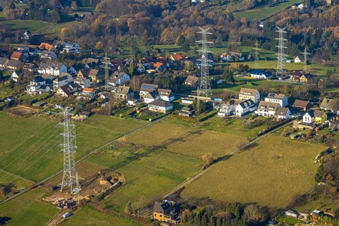 Aerial photo, construction power line Dortmund-Hagen, power pylons, high voltage, Ostend, Herdecke,