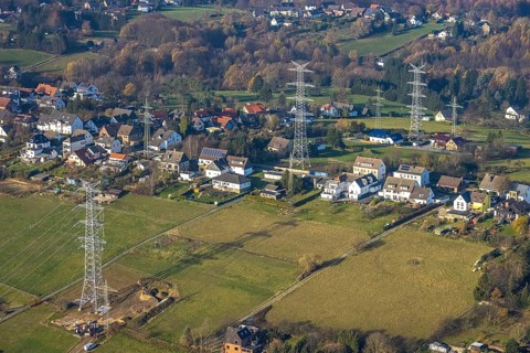 Aerial photo, construction power line Dortmund-Hagen, power pylons, high voltage, Ostend, Herdecke,