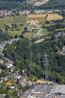 Aerial view, construction site power line with new high-voltage pylons, In der Erdbrügge, Herdecke,