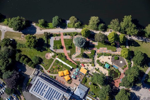Aerial view, Zweibrücker Hof, Ruhrstrand 54 beer garden, mini golf, Herdecke, Ruhr area, North