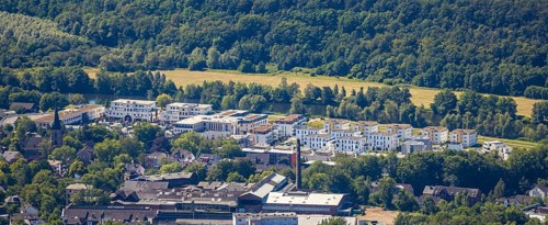 Aerial view, Idealspaten Bredt GmbH plant, new development area, residential area