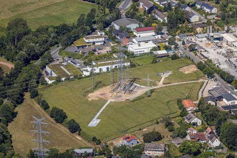 Aerial view, industrial area Gahlenfeld, construction site power line, end, Herdecke, Ruhr area,