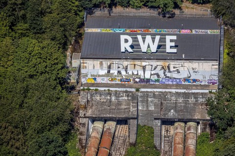 Aerial photo, graffiti, RWE pumped storage power plant Herdecke, Köpchenwerk, Herdecke, Ruhr area,