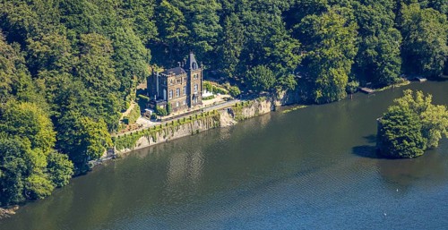 Aerial view, Seeschlösschen Niedernhof, Hengsteysee, Mäuseturm on an island in the Hengsteysee,
