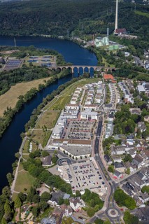 Aerial view, river Ruhr, Ruhr-Aue Center quarter, Ruhr-Viadukt, Herdecke, Ruhr area, North