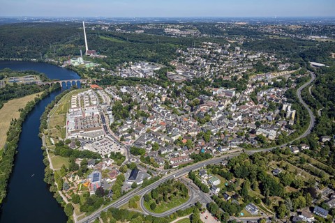 Aerial view, river Ruhr, Ruhr-Aue Center quarter, Ruhr-Viadukt, Herdecke, Ruhr area, North