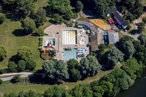 Aerial view, outdoor swimming pool Herdecke, empty swimming pool, Herdecke, Ruhr area, North