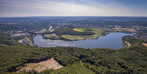 Aerial view, Harkortsee, view to Kaisberg Hagen-Vorhalle, campsite at Harkortsee, weather, Ruhr