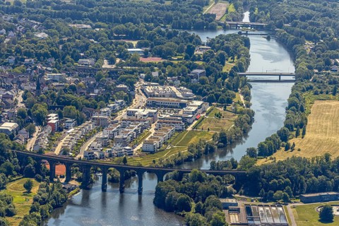 Aerial view, Quartier Ruhr-Aue Center, Ruhr promenade, Ruhr river, Ruhr viaduct Herdecke, Ruhr