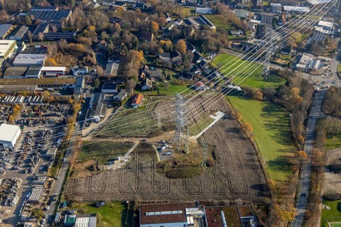 Aerial photo, construction power line Dortmund-Hagen, power pylons, high voltage, Ostend, Herdecke,