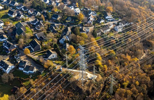 Aerial photo, construction power line Dortmund-Hagen, power pylons, high voltage, Ostend, Herdecke,
