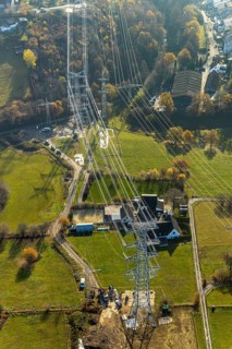 Aerial photo, construction power line Dortmund-Hagen, power pylons, high voltage, Ostend, Herdecke,