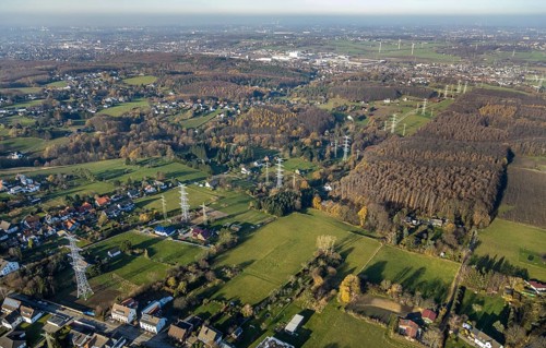 Aerial photo, construction power line Dortmund-Hagen, power pylons, high voltage, Ostend, Herdecke,