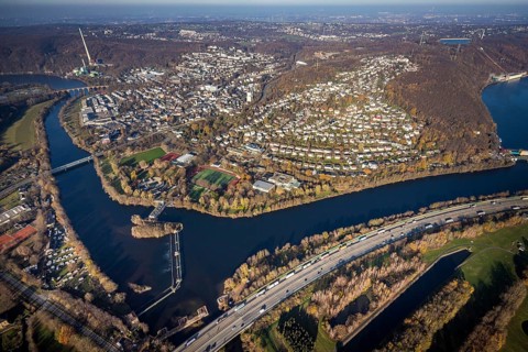 Aerial view, overview Herdecke, Heygsteysee, Harkortsee, Cuno power plant, Köpchenwerk, RWE pumped
