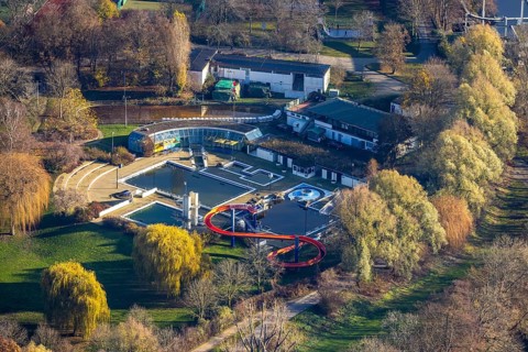 Aerial view, outdoor pool Herdecke, water slide, swimming pool, Herdecke, Ruhr area, North