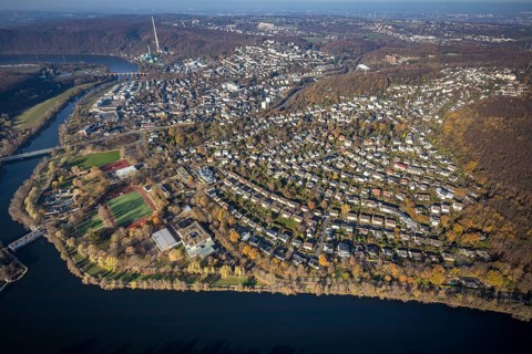 Aerial view, overview Herdecke, Heygsteysee, Harkortsee, Cuno power plant, Köpchenwerk, RWE pumped