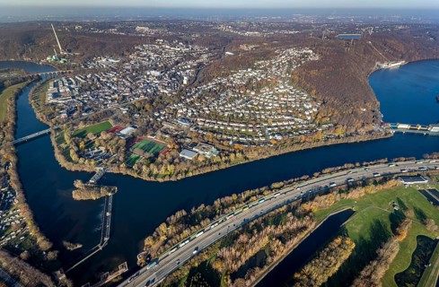 Aerial view, overview Herdecke, Heygsteysee, Harkortsee, Cuno power plant, Köpchenwerk, RWE pumped