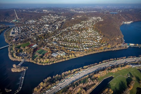 Aerial view, overview Herdecke, Heygsteysee, Harkortsee, Cuno power plant, Köpchenwerk, RWE pumped