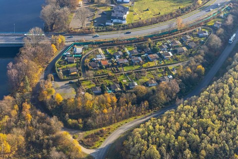 Aerial view, allotment garden association Ruhraue, allotment garden houses, Herdecke, Ruhr area,