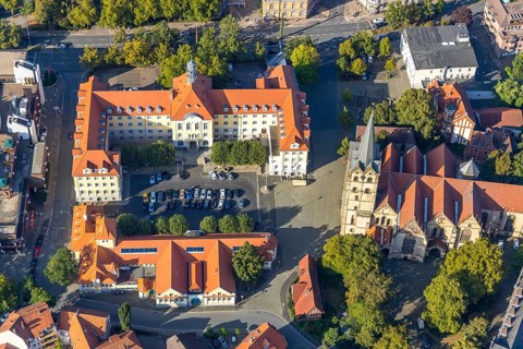 Aerial view, old town, city centre, Herford Minster, town hall, Herford city, Herford,