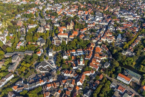 Aerial view, old town, city centre, Herford Minster, town hall, Herford city, Herford,