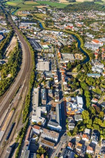 Aerial photograph, Marta Herford Museum, River Werre, Herford railway station, Herford city,