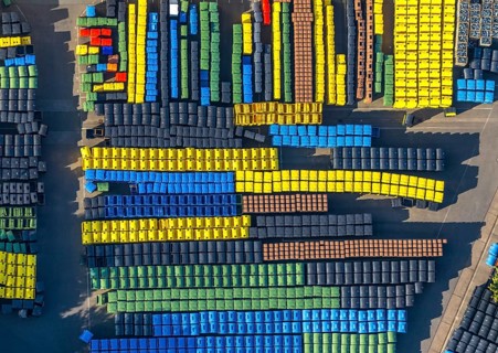 Aerial view, SULO Umwelttechnik GmbH, coloured waste bins, Herford city, Herford,