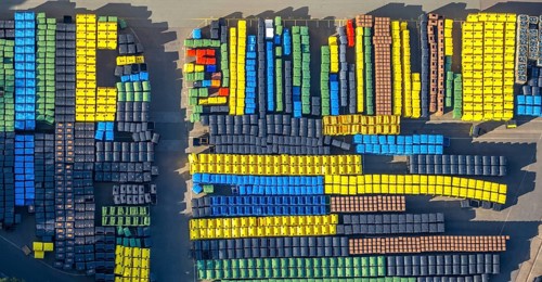 Aerial view, SULO Umwelttechnik GmbH, coloured waste bins, Herford city, Herford,