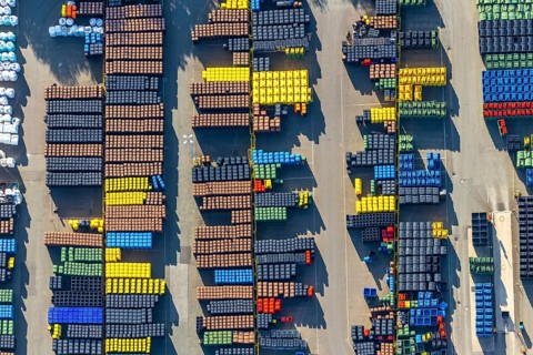 Aerial view, SULO Umwelttechnik GmbH, coloured waste bins, Herford city, Herford,