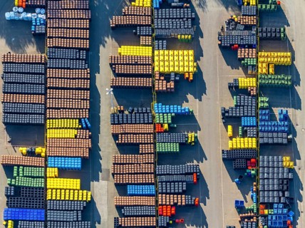 Aerial view, SULO Umwelttechnik GmbH, coloured waste bins, Herford city, Herford,