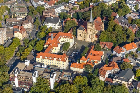 Aerial view, old town, city centre, Herford Minster, town hall, Herford city, Herford,