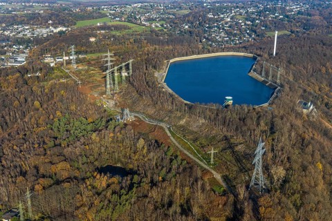 Aerial photo, Köpchenwerk, pumped-storage power station, power pylons, Wittbräucke, Herdecke, Ruhr
