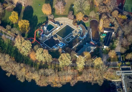 Aerial view, outdoor pool Herdecke, water slide, swimming pool, Herdecke, Ruhr area, North