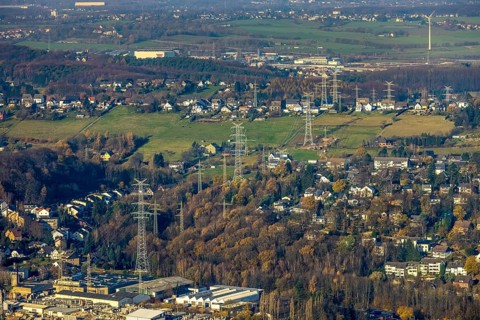 Aerial photo, construction power line Dortmund-Hagen, power pylons, high voltage, Ostend, Herdecke,