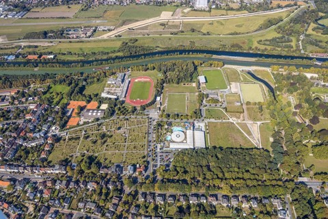 Aerial view, Maximare Erlebnistherme Bad Hamm, Sports Centre East, Ahsedüker construction site,
