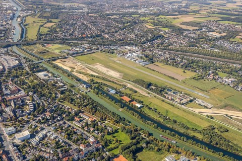 Aerial view, Hamm airfield, Mattenbecke sewage treatment plant, Lippe floodplain, Datteln-Hamm
