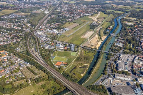Aerial view, Hamm airfield, Mattenbecke sewage treatment plant, Lippe floodplain, Hamm lock, Lippe