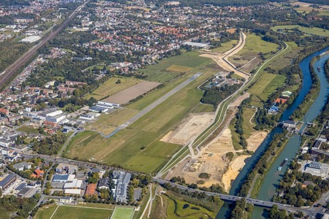 Aerial view, Hamm airfield, Mattenbecke sewage treatment plant, Lippe floodplain, Hamm lock, Lippe